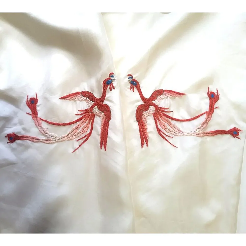 Vintage 1949 Japanese Crane Embroidered Silk Pajama Set Red M/L